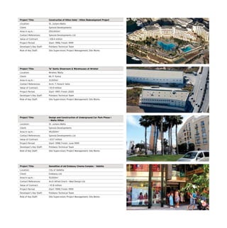 Project Title: Construction of Hilton Hotel – Hilton Redevelopment Project
Location: St. Julians Malta
Client: Spinola Developments
Area in sq.m. : 250,000m2
Contact References: Spinola Developments Ltd
Value of Contract:  €8.4 million
Project Period: Start- 1996; Finish: 1999
Developer’s Key Staff: Polidano Technical Team
Role of Key Staff: Site Supervision; Project Management; Site Works
Project Title: Demolition of old Embassy Cinema Complex – Valletta
Location: City of Valletta
Client: Embassy Ltd
Area in sq.m. : 15,000m2
Contact References: Arch Alfred Grech – Med Design Ltd
Value of Contract:  €1.8 million
Project Period: Start- 1999; Finish: 1999
Developer’s Key Staff: Polidano Technical Team
Role of Key Staff: Site Supervision; Project Management; Site Works
Project Title: Design and Construction of Underground Car Park Phase I
– Malta Hilton
Location: St. Julians Malta
Client: Spinola Developments
Area in sq.m. : 45,000m2
Contact References: Spinola Developments Ltd
Value of Contract:  €3.7 million
Project Period: Start- 1998; Finish: June 1999
Developer’s Key Staff: Polidano Technical Team
Role of Key Staff: Site Supervision; Project Management; Site Works
Project Title: Ta’ Santu Showroom  Warehouses at Mriehel
Location: Mriehel, Malta
Client: Mr. P. Tonna
Area in sq.m. : 31,000m2
Contact References: Arch. T. Fenech Vella
Value of Contract:  €1.9 million
Project Period: Start- 1997; Finish: 2000
Developer’s Key Staff: Polidano Technical Team
Role of Key Staff: Site Supervision; Project Management; Site Works
 