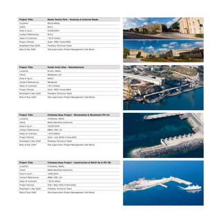 Project Title: Mosta Techno Park – Factories  External Roads
Location: Mosta Malta
Client: M.D.C.
Area in sq.m. : 4,500.00m2
Contact References: M.D.C.
Value of Contract:  €3.5 million
Project Period: Start- 1992; Finish:1993
Developer’s Key Staff: Polidano Technical Team
Role of Key Staff: Site Supervision; Project Management; Site Works
Project Title: Kordin Grain Silos - Refurbishment
Location: Kordin, Malta
Client: Medigrain Ltd
Area in sq.m. : N/Am2
Contact References: Medigrain
Value of Contract:  €1.2 million
Project Period: Start- 1993; Finish:1994
Developer’s Key Staff: Polidano Technical Team
Role of Key Staff: Site Supervision; Project Management; Site Works
Project Title: Cirkewwa Quay Project – Reclamation  Revetment (Ph 1A)
Location: Cirkewwa,, Malta
Client: Malta Maritime Authority
Area in sq.m. : 13,500.00m2
Contact References: MMA; CMC Ltd
Value of Contract:  €1.9 million
Project Period: Start- July 2000; Finish:2001
Developer’s Key Staff: Polidano Technical Team
Role of Key Staff: Site Supervision; Project Management; Site Works
Project Title: Cirkewwa Quay Project – Construction of Berth No 2 (Ph 1B)
Location: Cirkewwa,, Malta
Client: Malta Maritime Authority
Area in sq.m. : 1,000.00m2
Contact References: MMA; CMC Ltd
Value of Contract:  €2.8 million
Project Period: Start- May 2001; Finish:2002
Developer’s Key Staff: Polidano Technical Team
Role of Key Staff: Site Supervision; Project Management; Site Works
 