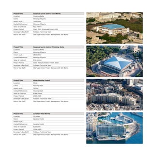 Project Title: Cospicua Sports Centre – Civil Works
Location: Cospicua Malta
Client: Ministry of Sports
Area in sq.m. : 3500.00m2
Contact References: Ministry of Sports
Value of Contract: €3.5 million
Project Period: Start- 2001; Scheduled Finish: 2002
Developer’s Key Staff: Polidano Techinical Team
Role of Key Staff: Site Supervision; Project Management; Site Works
Project Title: Cospicua Sports Centre – Finishing Works
Location: Cospicua Malta
Client: Ministry of Sports
Area in sq.m. : 3500.00m2
Contact References: Ministry of Sports
Value of Contract: €1.16 million
Project Period: Start- 2002; Scheduled Finish: 2002
Developer’s Key Staff: Polidano Techinical Team
Role of Key Staff: Site Supervision; Project Management; Site Works
Project Title: Msida Housing Project
Location: Msida
Client: Housing Dept
Area in sq.m. : 1900m2
Contact References: Housing Dept
Value of Contract: €1.86 million
Project Period: 2003-2005
Developer’s Key Staff: Polidano Techinical Team
Role of Key Staff: Site Supervision; Project Management; Site Works
Project Title: Cavallieri Hotel Marina
Location: St Julians
Client: Cavallieri Hotel
Area in sq.m. :
Contact References: Cavallieri Hotel
Value of Contract: €200,000
Project Period: 2004-2005
Developer’s Key Staff: Polidano Techinical Team
Role of Key Staff: Site Supervision; Project Management; Site Works
 