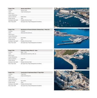Project Title: Manoel Island Marina
Location: Manoel Island
Client: Tigne Contracting Ltd
Area in sq.m. :
Contact References:
Value of Contract: €186 million
Project Period: 2001
Developer’s Key Staff: Polidano Technical Team
Role of Key Staff: Site Supervision; Project Management; Site Works
Project Title: Manufacture of Precast Elements Cirkewwa Quay – Phase 2/3
Location: Cirkewwa
Client: Malta Maritime Authority
Area in sq.m. :
Contact References:
Value of Contract: €1.6 million
Project Period: 2001
Developer’s Key Staff: Polidano Technical Team
Role of Key Staff: Site Supervision; Project Management; Site Works
Project Title: Extension of Quay (Phase 2) – Gozo
Location: Mgarr – Gozo
Client: Malta Maritime Authority, CMC Ltd.
Area in sq.m. :
Contact References:
Value of Contract: €460,000
Project Period: 2001
Developer’s Key Staff: Polidano Technical Team
Role of Key Staff: Site Supervision; Project Management; Site Works
Project Title: Construction of Apartments Block T1 Tigne Point
Location: Tigne Point
Client: Tigne Contracting Ltd.
Area in sq.m. :
Contact References:
Value of Contract: €2.7 million
Project Period: 2002
Developer’s Key Staff: Polidano Technical Team
Role of Key Staff: Site Supervision; Project Management; Site Works
 