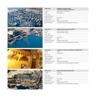 Project Title: Dredging at the Malta Freeport
- Extension of Container Storage Area
Location: Malta Freeport – Birzebbugia
Client: Malta Freeport
Area in sq.m. :
Contact References:
Value of Contract: €16.5 million
Project Period: 2007
Developer’s Key Staff: Polidano Technical Team
Role of Key Staff: Site Supervision; Project Management; Site Works
Project Title: Upgrade of Quay, Rail, and Piling Works
Location: Valletta Gateway Terminal
Client: Valletta Gateway Terminal
Area in sq.m. :
Contact References:
Value of Contract: €1.25 million
Project Period: 2007
Developer’s Key Staff: Polidano Technical Team
Role of Key Staff: Site Supervision; Project Management; Site Works
Project Title: Conversion, renovation and extension of Lombard Bank
Location: Valletta
Client: Lombard Bank
Area in sq.m. :
Contact References:
Value of Contract: €1.8 million
Project Period: 2007
Developer’s Key Staff: Polidano Technical Team
Role of Key Staff: Site Supervision; Project Management; Site Works
Project Title: Construction of Block 31 Hilton Hotel
Location: St.Julian’s
Client: Tumas Group
Area in sq.m. :
Contact References:
Value of Contract: €4.2 million
Project Period: 2008
Developer’s Key Staff: Polidano Technical Team
Role of Key Staff: Site Supervision; Project Management; Site Works
 