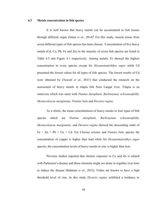 45
4.3 Metals concentration in fish species
It is well known that heavy metals can be accumulated in fish tissues
through different organ (Islam et al., 2014)b
For this study, muscle tissue from
seven different types of fish species has been chosen. Concentration of five heavy
metals (Cd, Cu, Pb, Fe and Zn) in the muscles of seven fish species are listed in
Table 4.3 and Figure 4.1 respectively. Among metals, Fe showed the highest
concentration in every species except for Hexanematichthys sagor while Cd
presented the lowest values for all types of fish species. The lowest results of Cd
were obtained by (Taweel et al., 2013) that conducted the research on the
assessment of heavy metals in tilapia fish from Langat river. Tilapia is an
omnivore which was same with Puntius daruphani, Barbonymus schwanenfeldii,
Mystacoleucus marginatus, Puntius bulu and Devario regina.
As a whole, the mean concentrations of heavy metals in four types of fish
species which are Puntius daruphani, Barbonymus schwanenfeldii,
Mystacoleucus marginatus, and Devario regina showed the descending order of
Fe > Zn > Pb > Cu > Cd. For Channa striatus and Puntius bulu species the
concentration of copper is higher than lead while for Hexanematichthys sagor
species, the concentration levels of heavy metals in zinc is higher than iron.
Previous studies reported that chronic exposure to Cu and Zn is related
with Parkinson’s disease and these elements might act alone or together over time
to induce the disease (Rahman et al., 2012). Fishes are known to have a high
threshold level of zinc. In this study Devario regina exhibited a tendency to
 