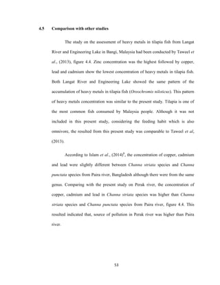 53
4.5 Comparison with other studies
The study on the assessment of heavy metals in tilapia fish from Langat
River and Engineering Lake in Bangi, Malaysia had been conducted by Taweel et
al., (2013), figure 4.4. Zinc concentration was the highest followed by copper,
lead and cadmium show the lowest concentration of heavy metals in tilapia fish.
Both Langat River and Engineering Lake showed the same pattern of the
accumulation of heavy metals in tilapia fish (Oreochromis niloticus). This pattern
of heavy metals concentration was similar to the present study. Tilapia is one of
the most common fish consumed by Malaysia people. Although it was not
included in this present study, considering the feeding habit which is also
omnivore, the resulted from this present study was comparable to Taweel et al,
(2013).
According to Islam et al., (2014)b
, the concentration of copper, cadmium
and lead were slightly different between Channa striata species and Channa
punctata species from Paira river, Bangladesh although there were from the same
genus. Comparing with the present study on Perak river, the concentration of
copper, cadmium and lead in Channa striata species was higher than Channa
striata species and Channa punctata species from Paira river, figure 4.4. This
resulted indicated that, source of pollution in Perak river was higher than Paira
river.
 