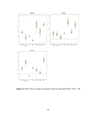 66
Figure 4.4: BCF of heavy metals in fish species. Red line indicated the BCF value > 100
 