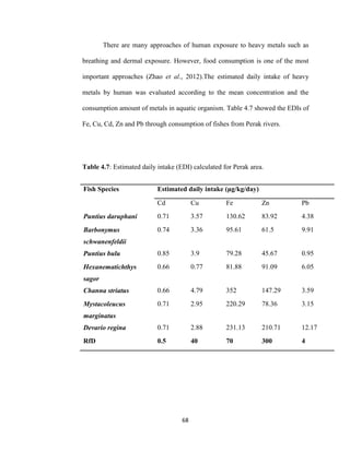 68
There are many approaches of human exposure to heavy metals such as
breathing and dermal exposure. However, food consumption is one of the most
important approaches (Zhao et al., 2012).The estimated daily intake of heavy
metals by human was evaluated according to the mean concentration and the
consumption amount of metals in aquatic organism. Table 4.7 showed the EDIs of
Fe, Cu, Cd, Zn and Pb through consumption of fishes from Perak rivers.
Table 4.7: Estimated daily intake (EDI) calculated for Perak area.
Fish Species Estimated daily intake (μg/kg/day)
Cd Cu Fe Zn Pb
Puntius daruphani 0.71 3.57 130.62 83.92 4.38
Barbonymus
schwanenfeldii
0.74 3.36 95.61 61.5 9.91
Puntius bulu 0.85 3.9 79.28 45.67 0.95
Hexanematichthys
sagor
0.66 0.77 81.88 91.09 6.05
Channa striatus 0.66 4.79 352 147.29 3.59
Mystacoleucus
marginatus
0.71 2.95 220.29 78.36 3.15
Devario regina 0.71 2.88 231.13 210.71 12.17
RfD 0.5 40 70 300 4
 