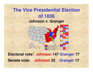 The Vice Presidential Election
of 1836
Johnson v. Granger
Senate vote: Johnson 33 Granger 17
Electoral vote: Johnson 147 Granger 77
 