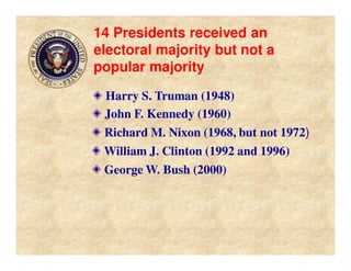 14 Presidents received an
electoral majority but not a
popular majority
Harry S. Truman (1948)
John F. Kennedy (1960)
Richard M. Nixon (1968, but not 1972)
William J. Clinton (1992 and 1996)
George W. Bush (2000)
 