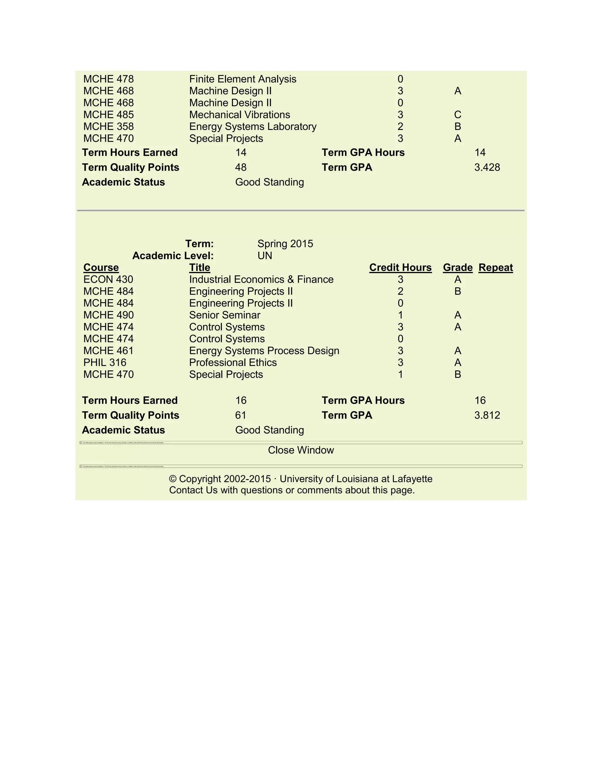University of Louisiana at Lafayette_ Unofficial Transcript | PDF