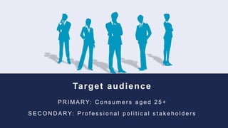Target audience
P R I M A RY: C o n s u m e r s a g e d 2 5 +
S E C O N D A RY: P r o f e s s i o n a l p o l i t i c a l s t a k e h o l d e r s
 