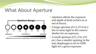  Aperture affects the exposure
and depth of field (what’s in or
out of focus).
 A large aperture (f/1.4, f/2.8 etc.)
lets in more light to the camera
shutter for an exposure,
 A small aperture (f/11, f/16, f/22
etc.) has a smaller opening in the
lens diaphragm to let in LESS
light for a given exposure.
What About Aperture
 