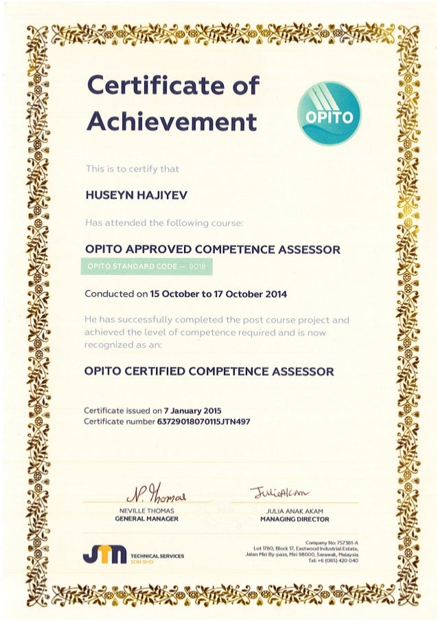 Competency Assessor Certificate OPITO