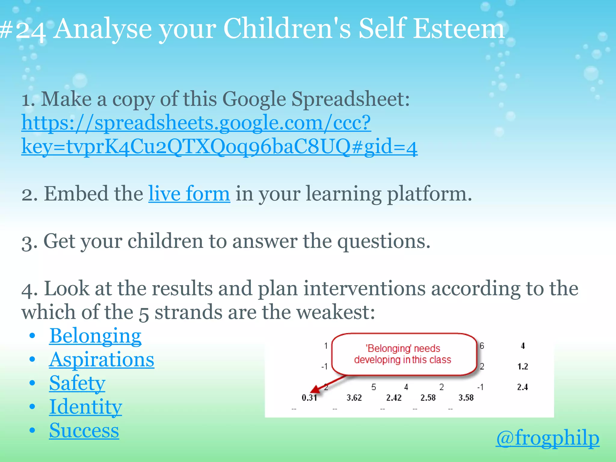 #24 Analyse your Children's Self Esteem

 1. Make a copy of this Google Spreadsheet:
 https://spreadsheets.google.com/ccc?
 key=tvprK4Cu2QTXQoq96baC8UQ#gid=4

 2. Embed the live form in your learning platform.

 3. Get your children to answer the questions.

 4. Look at the results and plan interventions according to the
 which of the 5 strands are the weakest:
  • Belonging
  • Aspirations
  • Safety
  • Identity
  • Success                                           @frogphilp
 