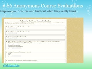# 66 Anonymous Course Evaluations
Improve your course and find out what they really think.




  @dabambic
 