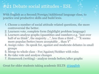 #21 Debate social attitudes - ESL
With English as a Second/Foreign/Additional language class, to
practice oral productive skills and build lexis.
1. Choose a number of social attitude related questions, the more
controversial the better.
2. Learners vote, complete form (highlight problem language)
3. Learners analyse graphs (quantities and numbers e.g. "just over
half of us think", the majoirty ...", less than a third ..." "X seems
more popular/better/more acceptable .. than Y"
4. Assign roles - Ss speak for, against and moderate debates in small
groups
5. Merge to whole class - For/Against/Neither with roles
6. Re-take vote and analyse changes
7. Homework (writing) - analyse trends before/after graphs
Great for older students taking academic IELTS @japglish
 