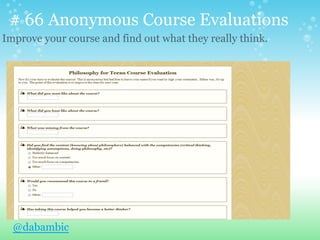 # 66 Anonymous Course Evaluations
Improve your course and find out what they really think.
@dabambic
 