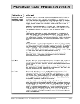 Provincial Exam Results – Introduction and Definitions


Definitions (co
              ontinued)
Participation Ratio              Participation Ratio for a provincially examinable subject is calculated by dividing the
(previously called               number of students who have final marks for the subject in the school year by the
Participation Rate)              total number of students who were enrolled in the same grade level as the indicated
                                 subject. For example, the 2009/10 Participation Ratio for Biology 12 is the number of
                                 students with final marks in 2009/10 Biology 12 divided by the 2009/10 Grade 12
                                 enrolment.
                                 Comment: This is not the same as a Participation Rate. For a Participation Rate,
                                 the students in the numerator should be a subset of the students in the denominator.
                                 The Participation Ratio fails this criterion in at least two cases (see below).

                                 Case 1
                                 The school year now includes the August exam session as the first session of the
                                 school year, for which most students are from the previous school year. Hence (as
                                 an example), the 2009/10 Participation Ratio overestimates the 2009/10 Participation
                                 Rate by the number of students writing exams in August 2009. It also underestimates
                                 the 2009/10 Participation Rate by the number of students writing exams in August
                                 2010.

                                 Case 2
                                 Some students take subjects outside their grade level. Hence (as another example),
                                 the 2009/10 Participation Ratio for Biology 12 overestimates the 2009/10 Participation
                                 Rate by the number of 2009/10 students with final marks in Biology 12 who are not
                                 enrolled in Grade 12. It also underestimates the 2009/10 Participation Rate by the
                                 number of 2009/10 Grade 12 students with final marks in Biology 12 who took Biology
                                 12 in other school years when they were not enrolled in Grade 12.

                                 Both of these cases contain an overestimate and an underestimate of similar
                                 proportions. Hence, it may be seen that Participation Ratio may be used as a
                                 reasonable approximation of Participation Rate.



Pass Rate                        Proportion of students who received a letter grade of 'C–' or better (50% or better) as
                                 their best mark in the school year. Includes students from all grade levels who
                                 obtained marks in the subject. Aegrotats, deferrals, challenges and disqualifications
                                 are excluded.
                                 Comment: Pass Rate is used in this binder as a measure of basic competence (see
                                 also, Mean Score and 'A' Rate). It is presented in the Diagnostics Table as an Exam
                                 Pass Rate, a School Pass Rate and a Final Pass Rate.

Percentile                       The percentile of a school is a way of identifying the performance of that school
                                 relative to other schools of the same Facility Type. In simplified terms, if the exam
                                 mean score of each school in a given subject for a given year is placed on a scale
                                 from lowest to highest (to form a 'ladder' of mean scores), the percentile of a given
                                 school is approximately how far up the ladder the school is placed. If the school is
                                 3/4 of the way up the ladder, it is at the 75th percentile.

                                 In more technical terms, for each subject each year, the collection of exam mean
                                 scores (one for each school) is used to calculate the mean and standard deviation of
                                 the collection, which are then used to convert each school's exam mean score to a 'z-
                                 score' (in a distribution where the mean is zero and standard deviation is 1). The 'z-
                                 score' is then used to calculate the percentile of the school, assuming the collection of
                                 scores are distributed as a 'normal' distribution. Not all distributions are 'normal',
                                 which affects the accuracy of the percentile. However, in each year, all schools are
                                 treated the same way, so it still provides a good measure of relative standing of each
                                 school's results each year.




© 1994 to 2010 ADMINFO Resources Inc. This page may be printed or photocopied for educational purposes.               Page 1.8
 