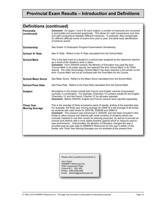 Provincial Exam Results – Introduction and Definitions

Definitions (co
              ontinued)
Percentile                       Comment: On pages 1 and 2 for each subject, a number of measures are converted
(continued)                      to percentiles and presented graphically. This allows for valid comparisons over time,
                                 and valid comparisons between different measures. In particular, they compensate
                                 for different difficulty levels of exams from year to year, and allow easy identification
                                 of extreme results

Scholarship                      See Grade 12 Graduation Program Examinations Scholarship.

School 'A' Rate                  See 'A' Rate. Refers to the 'A' Rate calculated from the School Mark.

School Mark                      This is the best mark of a student in a school year assigned by the classroom teacher
                                 as a result of the student's work in class.
                                 Comment: From 2004/05 onward, the Ministry of Education has used the term
                                 'Course Mark' in its public reports, but retained 'the term School Mark' in its TRAX
                                 reports. The older terminology ('School Mark') has been retained in this binder so the
                                 term 'Course Mark' will not be confused with the Final Mark for the Course.

School Mean Score                See Mean Score. Refers to the Mean Score calculated from the School Mark.

School Pass Rate                 See Pass Rate. Refers to the Pass Rate calculated from the School Mark.

Subject                          All subjects in this binder include both French and English variants of equivalent
                                 curricula, in combination. For example, Chemistry 12 contains results for the English
                                 'Chemistry 12' and the French 'Chemie 12' for all years reported.
                                 Comment: Before 2004/05, English and French variants were reported separately.

Three Year                       This is the average of three successive years of results, ending at the specified year.
Moving Average                   For example, the three year moving average for 2009/10 is the average of all scores
                                 for students with valid marks for 2007/08, 2008/09 and 2009/10.
                                 Comment: This measure was introduced in 2005/06, and had been included in this
                                 binder to allow schools and districts with small numbers of students (which are
                                 normally masked) to use their results for planning purposes, as well as to provide all
                                 schools and districts with a more stable baseline against which to measure year-to-
                                 year performance. Unfortunately, the Ministry of Education changed the way it
                                 provided year-by-year data to ADMINFO Resources for this year’s edition of the
                                 binder, and Three Year Moving Averages are not available at the present time.




                                             Please direct questions/comments to:

                                             John Taylor
                                             ADMINFO Resources Inc.
                                             4490 Copsewood Place
                                             Victoria B.C. V8X 4S5
                                             Ph/fax: (250) 658-0366
                                             Email: adminfo@pacificcoast.net




© 1994 to 2010 ADMINFO Resources Inc. This page may be printed or photocopied for educational purposes.               Page 1.9
 