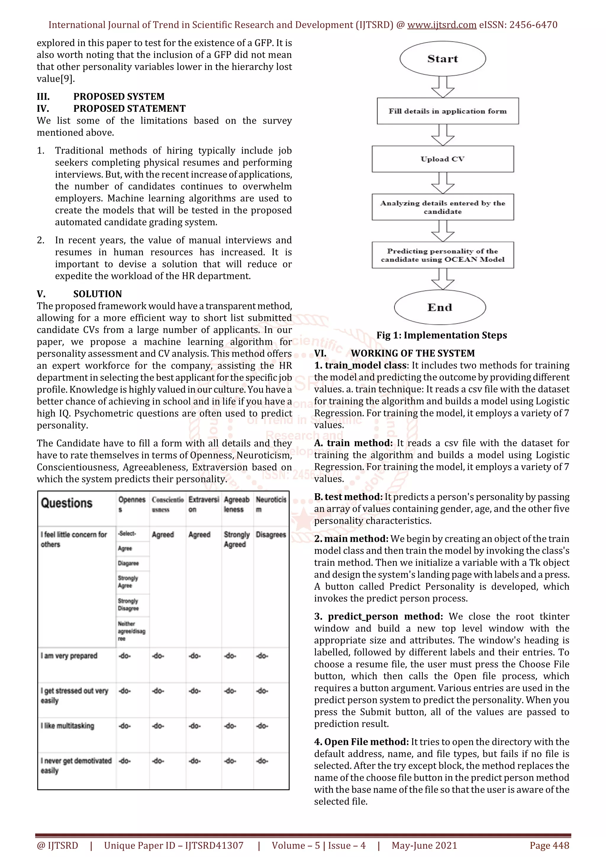 International Journal of Trend in Scientific Research and Development (IJTSRD) @ www.ijtsrd.com eISSN: 2456-6470
@ IJTSRD | Unique Paper ID – IJTSRD41307 | Volume – 5 | Issue – 4 | May-June 2021 Page 448
explored in this paper to test for the existence of a GFP. It is
also worth noting that the inclusion of a GFP did not mean
that other personality variables lower in the hierarchy lost
value[9].
III. PROPOSED SYSTEM
IV. PROPOSED STATEMENT
We list some of the limitations based on the survey
mentioned above.
1. Traditional methods of hiring typically include job
seekers completing physical resumes and performing
interviews. But, with the recent increaseofapplications,
the number of candidates continues to overwhelm
employers. Machine learning algorithms are used to
create the models that will be tested in the proposed
automated candidate grading system.
2. In recent years, the value of manual interviews and
resumes in human resources has increased. It is
important to devise a solution that will reduce or
expedite the workload of the HR department.
V. SOLUTION
The proposed framework would havea transparentmethod,
allowing for a more efficient way to short list submitted
candidate CVs from a large number of applicants. In our
paper, we propose a machine learning algorithm for
personality assessment and CV analysis. This method offers
an expert workforce for the company, assisting the HR
department in selecting the bestapplicantforthespecificjob
profile. Knowledge is highly valuedinourculture.Youhavea
better chance of achieving in school and in life if you have a
high IQ. Psychometric questions are often used to predict
personality.
The Candidate have to fill a form with all details and they
have to rate themselves in terms of Openness, Neuroticism,
Conscientiousness, Agreeableness, Extraversion based on
which the system predicts their personality.
Fig 1: Implementation Steps
VI. WORKING OF THE SYSTEM
1. train_model class: It includes two methods for training
the model and predicting the outcome byprovidingdifferent
values. a. train technique: It reads a csv file with the dataset
for training the algorithm and builds a model using Logistic
Regression. For training the model, it employs a variety of 7
values.
A. train method: It reads a csv file with the dataset for
training the algorithm and builds a model using Logistic
Regression. For training the model, it employs a variety of 7
values.
B. test method: It predicts a person's personalityby passing
an array of values containing gender, age, and the other five
personality characteristics.
2. main method: We begin by creating an object of the train
model class and then train the model by invoking the class's
train method. Then we initialize a variable with a Tk object
and design the system's landing page withlabelsanda press.
A button called Predict Personality is developed, which
invokes the predict person process.
3. predict_person method: We close the root tkinter
window and build a new top level window with the
appropriate size and attributes. The window's heading is
labelled, followed by different labels and their entries. To
choose a resume file, the user must press the Choose File
button, which then calls the Open file process, which
requires a button argument. Various entries are used in the
predict person system to predict the personality. When you
press the Submit button, all of the values are passed to
prediction result.
4. Open File method: It tries to open the directory with the
default address, name, and file types, but fails if no file is
selected. After the try except block, the method replaces the
name of the choose file button in the predict person method
with the base name of the file so that the user is aware of the
selected file.
 