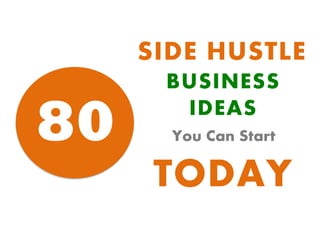 SIDE HUSTLE
80
BUSINESS
IDEAS
You Can Start
TODAY
 