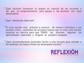 REFLEXIÓN
*¿Qué factores favorecen la puesta en marcha de las acciones a
las que se comprometieron para apoyar a los alumnos con bajo
desempeño?
*¿Qué obstáculos observan?
*El ciclo escolar está próximo a concluir. De manera individual y con
sentido crítico, comenten las acciones nuevas que en este ciclo escolar
pusieron en marcha para que TODOS los alumnos lograran los
aprendizajes esperados y ninguno se quedara rezagado.
*¿Qué recomendaciones puntuales harían a otra escuela para atender a
los alumnos con bajos niveles de desempeño escolar?
 
