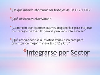 *
*¿De qué manera abordaron los trabajos de los CTZ y CTE?
*¿Qué obstáculos observaron?
*¿Comenten que acciones nuevas propondrían para mejorar
los trabajos de los CTE para el próximo ciclo escolar?
*¿Qué recomendarías a las otras zonas escolares para
organizar de mejor manera los CTZ y CTE?
 