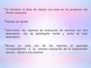*Se fortalece la Ruta de mejora con base en los productos del
Primer momento
*Equipos por grado
*Seleccionar dos reportes de evaluación de alumnos con alto
desempeño, dos de desempeño medio y varios de bajo
desempeño
*Revisar en cada uno de los reportes el apartado
correspondiente a la tercera evaluación de la comprensión
lectora. Ubicar a los alumnos
 