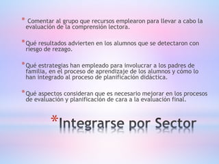 *
* Comentar al grupo que recursos emplearon para llevar a cabo la
evaluación de la comprensión lectora.
*Qué resultados advierten en los alumnos que se detectaron con
riesgo de rezago.
*Qué estrategias han empleado para involucrar a los padres de
familia, en el proceso de aprendizaje de los alumnos y cómo lo
han integrado al proceso de planificación didáctica.
*Qué aspectos consideran que es necesario mejorar en los procesos
de evaluación y planificación de cara a la evaluación final.
 