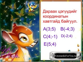 Дараах цэгүүдийг
координатын
хавтгайд байгуул.
A(3;5) B(-4;3)
C(4;-1)
E(5;4)
D(-2;4)
 