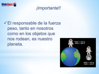 El responsable de la fuerza
peso, tanto en nosotros
como en los objetos que
nos rodean, es nuestro
planeta.
¡Importante!!
 