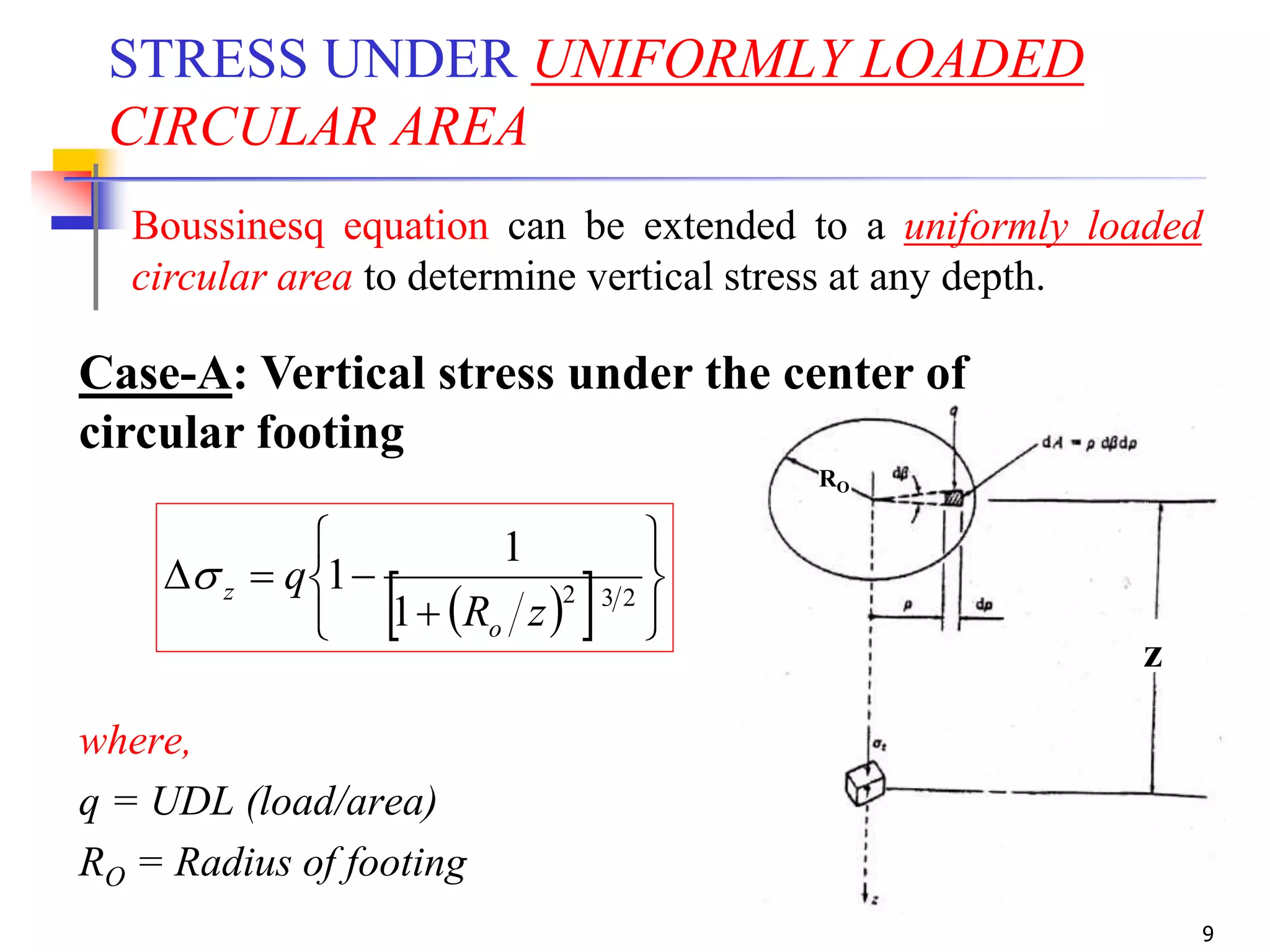 9
z
RO
STRESS UNDER UNIFORMLY LOADED
CIRCULAR AREA
Case-A: Vertical stress under the center of
circular footing
   






 232
1
1
1
zR
q
o
z
Boussinesq equation can be extended to a uniformly loaded
circular area to determine vertical stress at any depth.
where,
q = UDL (load/area)
RO = Radius of footing
 