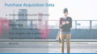 6
Purchase Acquisition Data
 Understand consumer interests
 Leverage mechanisms for
retargeting
– Email, Ad Exchanges, e...