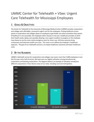 1 | P a g e
UMMC Center for Telehealth + VSee: Urgent
Care Telehealth for Mississippi Employees
1 GOALS & OBJECTIVES
The Center for Telehealth at the University of Mississippi Medical Center (UMMC) provides corporations
and colleges with affordable, convenient urgent care for the employees. Putting healthcare access
points in corporations and colleges allows an employee to get health care when and where they need it.
If healthcare is not accessible, the employee either chooses to not see a healthcare provider at all for
their health needs, delays care possibly allowing a non-urgent condition to progress or the employee
may choose to use the more costly emergency room for minor care. All three scenarios bring
unnecessary and extensive health care costs. This costs in turn affects the employer’s healthcare
expenses. The goal of our telehealth services is to impact healthcare outcomes and lower healthcare
costs.
2 BY THE NUMBERS
UMMC’s telehealth service for corporations and colleges now covers more than 5,000 employees in just
the first year and a half of service. We have seen our highest utilization among manufacturing
corporations and banking corporations. The diagram below is an example of utilization among four
different corporations in four diverse areas of our state, including rural and metropolitan.
23%
53%
39%
84%
0%
10%
20%
30%
40%
50%
60%
70%
80%
90%
6-month Utilization 12-month Utilization
 