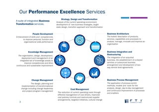 Our Performance Excellence Services
3
Strategy, Design and Transformation
Cost Management
People Development
1
5
Knowledge Management
Change Management Business Process Management
Business Integration and
Restructuring
Business Architecture
Enhancement of skills and competencies
to improve personal, function and
organisational wide performance
Analysis of the current operating environment,
development of new business strategies, target
state design, transition approach and transformation
The holistic description of products,
services, capabilities and processes to
analyse, manage, innovate and improve an
organisation
The integration of an acquired
business, the establishment of a shared
services or outsourced business
arrangement and development of two-
way service level agreements
The application of process-centric
methods, models and tools for the
analysis, design, day-to-day management
and continuous improvement of processes
and enablers
The organisation, design, development,
deployment and management of an
integrated set of knowledge assets to
improve competencies and drive
continuous and sustainable improvement
The design, planning and
implementation of transformational
change including change leadership
and project/program management
The reduction of current operating costs through
effective management of cost drivers, improved
cost policies/controls and restructured supplier
arrangements, targeted initiatives, cultural change
A suite of integrated Business
Transformation services.
 