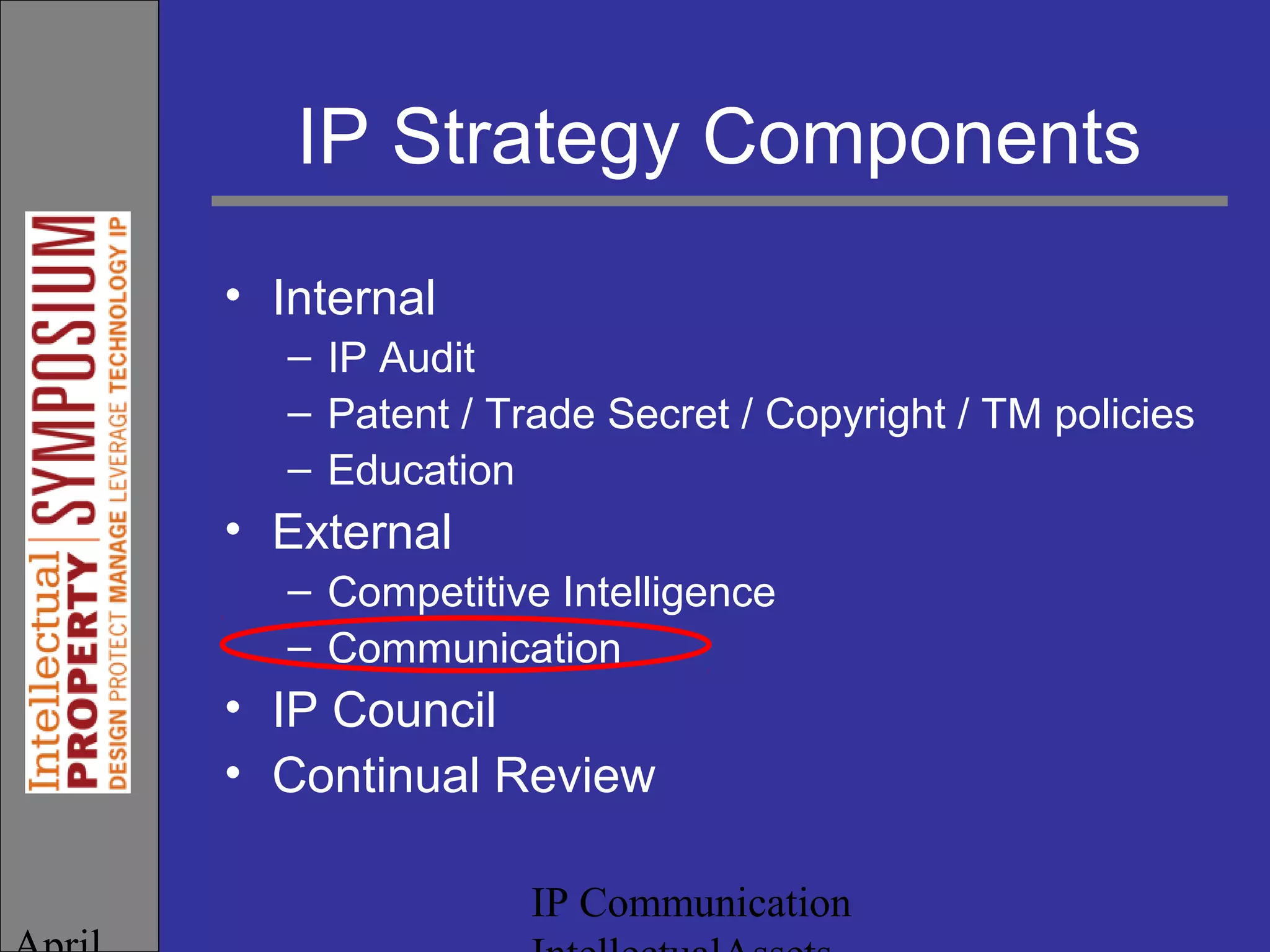 IP Communication
IP Strategy Components
• Internal
– IP Audit
– Patent / Trade Secret / Copyright / TM policies
– Education
• External
– Competitive Intelligence
– Communication
• IP Council
• Continual Review
 