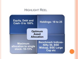 HIGHLIGHT REEL
Equity, Debt and
Cash- 0 to 100%
Holdings- 18 to 25
Maximum
allocation to single
stock- 10-15%
Benchmark Indices-
Nifty 50, BSE
Midcap, BSE Large
Cap etc
Optimum
Asset
Allocation
 