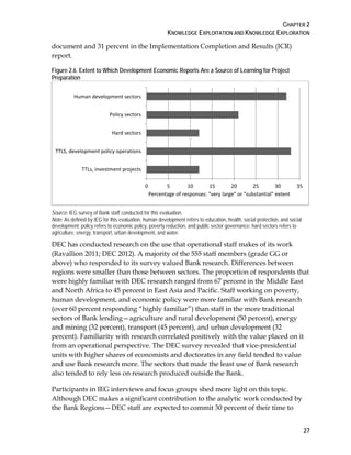 CHAPTER 2
KNOWLEDGE EXPLOITATION AND KNOWLEDGE EXPLORATION
27
document and 31 percent in the Implementation Completion and Results (ICR)
report.
Figure 2.6. Extent to Which Development Economic Reports Are a Source of Learning for Project
Preparation
Source: IEG survey of Bank staff conducted for this evaluation.
Note: As defined by IEG for this evaluation, human development refers to education, health, social protection, and social
development; policy refers to economic policy, poverty reduction, and public sector governance; hard sectors refers to
agriculture, energy, transport, urban development, and water.
DEC has conducted research on the use that operational staff makes of its work
(Ravallion 2011; DEC 2012). A majority of the 555 staff members (grade GG or
above) who responded to its survey valued Bank research. Differences between
regions were smaller than those between sectors. The proportion of respondents that
were highly familiar with DEC research ranged from 67 percent in the Middle East
and North Africa to 45 percent in East Asia and Pacific. Staff working on poverty,
human development, and economic policy were more familiar with Bank research
(over 60 percent responding “highly familiar”) than staff in the more traditional
sectors of Bank lending—agriculture and rural development (50 percent), energy
and mining (32 percent), transport (45 percent), and urban development (32
percent). Familiarity with research correlated positively with the value placed on it
from an operational perspective. The DEC survey revealed that vice-presidential
units with higher shares of economists and doctorates in any field tended to value
and use Bank research more. The sectors that made the least use of Bank research
also tended to rely less on research produced outside the Bank.
Participants in IEG interviews and focus groups shed more light on this topic.
Although DEC makes a significant contribution to the analytic work conducted by
the Bank Regions—DEC staff are expected to commit 30 percent of their time to
0 5 10 15 20 25 30 35
TTLs, investment projects
TTLS, development policy operations
Hard sectors
Policy sectors
Human development sectors
Percentage of responses: "very large" or "substantial" extent
 