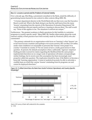 CHAPTER 2
KNOWLEDGE EXPLOITATION AND KNOWLEDGE EXPLORATION
32
Box 2.2. Lessons Learned and the Problem of External Validity
Over a decade ago, Eliot Berg, a prominent consultant to the Bank, noted the difficulty of
generalizing lessons learned in one context to other contexts (Berg 2000, 30).
“A former department director in the World Bank tells me that every year the Executive
Board would ask: What is the Bank doing to see that the staff learns from the many
‘lessons’ emanating from the reports of the Operations Evaluation Department? He
would distribute relevant reports and have a meeting to discuss them. The staff would
say: ‘None of this applies to me. The situations I confront are unique.’”
Furthermore, “the greatest weakness in Bank operations [is the] inability to customize
programs to country-specific needs” (Berg 2000, 38). Similar observations about the weak
external validity of best practices have been recently made by Woolcock (2013) who also
commented:
“The primary rationale for an organization-wide focus on ‘learning’ is that ‘lessons’ can
in fact travel across countries (and perhaps even across sectors). But can they? Or rather,
under what conditions is it reasonable to presume that ‘lessons’ from project X in
country Y translate to country Z? No one seems to have a really good answer to that
question. At present, the default assumption is that a sufficiently ‘rigorous’ empirical
finding provides warrant for claims regarding the likelihood that the same project
implemented elsewhere (or at a larger scale of operation) will attain correspondingly
similar findings, but in recent years this assumption has been increasingly (and
properly) called into question. The implication should be clear: if the Bank is to become a
bona fide ‘learning organization,’ it must of analytical necessity be able to articulate a
credible basis on which the various ‘lessons’ emanating from its programs can and
cannot be deployed elsewhere.”
Figure 2.8. To What Extent Does the Bank Have Useful Technical, Operational, and Country-Specific
Knowledge?
Source: IEG survey of Bank staff conducted for this evaluation.
*p = 0.02.
0 10 20 30 40 50 60 70
Country specific
Operational*
Technical
Percentage of reponses: to a "very large" or "substantial" extent
TTL, CO
TTL, HQ
 