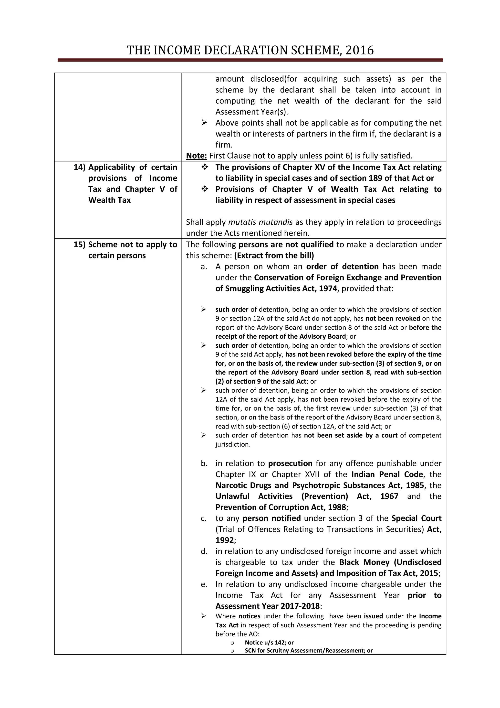 THE INCOME DECLARATION SCHEME, 2016
amount disclosed(for acquiring such assets) as per the
scheme by the declarant shall be taken into account in
computing the net wealth of the declarant for the said
Assessment Year(s).
Above points shall not be applicable as for computing the net
wealth or interests of partners in the firm if, the declarant is a
firm.
Note: First Clause not to apply unless point 6) is fully satisfied.
14) Applicability of certain
provisions of Income
Tax and Chapter V of
Wealth Tax
The provisions of Chapter XV of the Income Tax Act relating
to liability in special cases and of section 189 of that Act or
Provisions of Chapter V of Wealth Tax Act relating to
liability in respect of assessment in special cases
Shall apply mutatis mutandis as they apply in relation to proceedings
under the Acts mentioned herein.
15) Scheme not to apply to
certain persons
The following persons are not qualified to make a declaration under
this scheme: (Extract from the bill)
a. A person on whom an order of detention has been made
under the Conservation of Foreign Exchange and Prevention
of Smuggling Activities Act, 1974, provided that:
such order of detention, being an order to which the provisions of section
9 or section 12A of the said Act do not apply, has not been revoked on the
report of the Advisory Board under section 8 of the said Act or before the
receipt of the report of the Advisory Board; or
such order of detention, being an order to which the provisions of section
9 of the said Act apply, has not been revoked before the expiry of the time
for, or on the basis of, the review under sub-section (3) of section 9, or on
the report of the Advisory Board under section 8, read with sub-section
(2) of section 9 of the said Act; or
such order of detention, being an order to which the provisions of section
12A of the said Act apply, has not been revoked before the expiry of the
time for, or on the basis of, the first review under sub-section (3) of that
section, or on the basis of the report of the Advisory Board under section 8,
read with sub-section (6) of section 12A, of the said Act; or
such order of detention has not been set aside by a court of competent
jurisdiction.
b. in relation to prosecution for any offence punishable under
Chapter IX or Chapter XVII of the Indian Penal Code, the
Narcotic Drugs and Psychotropic Substances Act, 1985, the
Unlawful Activities (Prevention) Act, 1967 and the
Prevention of Corruption Act, 1988;
c. to any person notified under section 3 of the Special Court
(Trial of Offences Relating to Transactions in Securities) Act,
1992;
d. in relation to any undisclosed foreign income and asset which
is chargeable to tax under the Black Money (Undisclosed
Foreign Income and Assets) and Imposition of Tax Act, 2015;
e. In relation to any undisclosed income chargeable under the
Income Tax Act for any Asssessment Year prior to
Assessment Year 2017-2018:
Where notices under the following have been issued under the Income
Tax Act in respect of such Assessment Year and the proceeding is pending
before the AO:
o Notice u/s 142; or
o SCN for Scruitny Assessment/Reassessment; or
 