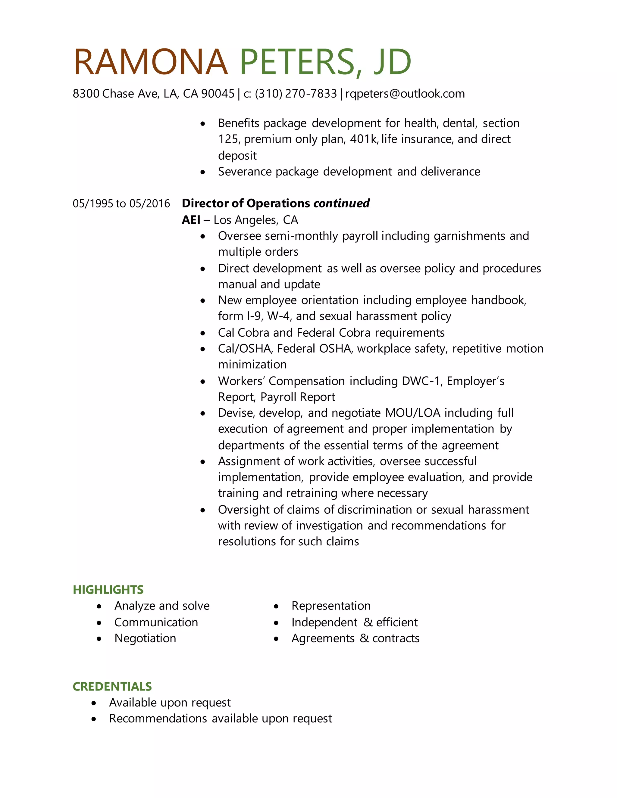 RAMONA PETERS, JD.Director.Resume | DOCX