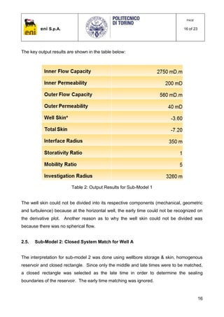 eni S.p.A.
PAGE
16 of 23
16
The key output results are shown in the table below:
Table 2: Output Results for Sub-Model 1
The well skin could not be divided into its respective components (mechanical, geometric
and turbulence) because at the horizontal well, the early time could not be recognized on
the derivative plot. Another reason as to why the well skin could not be divided was
because there was no spherical flow.
2.5. Sub-Model 2: Closed System Match for Well A
The interpretation for sub-model 2 was done using wellbore storage & skin, homogenous
reservoir and closed rectangle. Since only the middle and late times were to be matched,
a closed rectangle was selected as the late time in order to determine the sealing
boundaries of the reservoir. The early time matching was ignored.
 