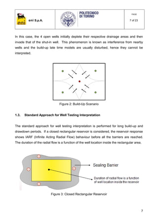 eni S.p.A.
PAGE
7 of 23
7
In this case, the 4 open wells initially deplete their respective drainage areas and then
invade that of the shut-in well. This phenomenon is known as interference from nearby
wells and the build-up late time models are usually disturbed, hence they cannot be
interpreted.
Figure 2: Build-Up Scenario
1.3. Standard Approach for Well Testing Interpretation
The standard approach for well testing interpretation is performed for long build-up and
drawdown periods. If a closed rectangular reservoir is considered, the reservoir response
shows IARF (Infinite Acting Radial Flow) behaviour before all the barriers are reached.
The duration of the radial flow is a function of the well location inside the rectangular area.
Figure 3: Closed Rectangular Reservoir
 