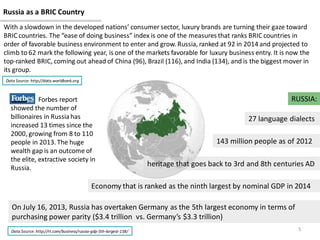 Russia as a BRIC Country
5
On July 16, 2013, Russia has overtaken Germany as the 5th largest economy in terms of
purchasin...