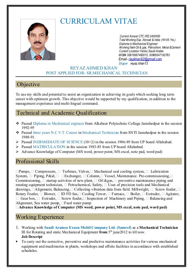 cv for mechanical technician
