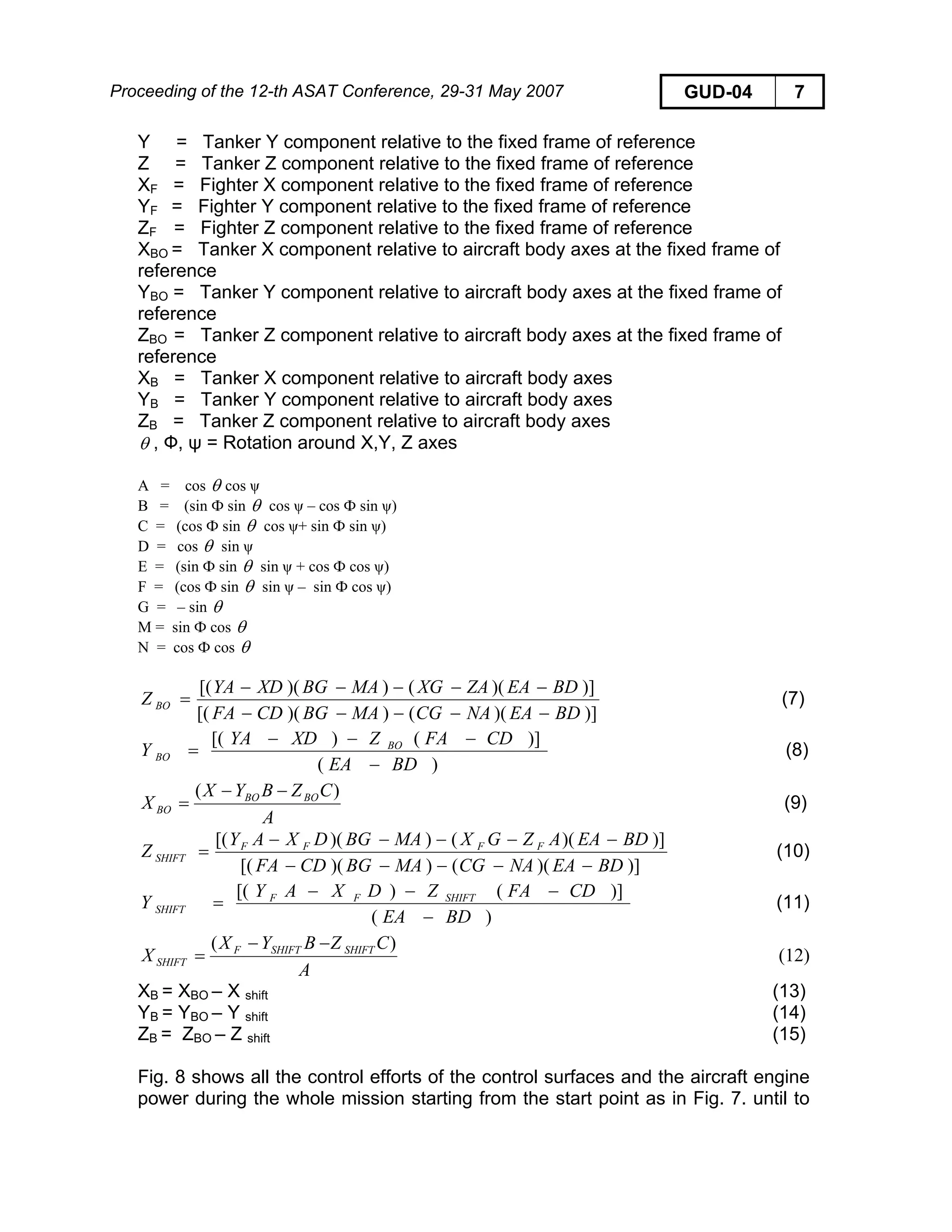 Proceeding of the 12-th ASAT Conference, 29-31 May 2007 GUD-04 7
Y = Tanker Y component relative to the fixed frame of reference
Z = Tanker Z component relative to the fixed frame of reference
XF = Fighter X component relative to the fixed frame of reference
YF = Fighter Y component relative to the fixed frame of reference
ZF = Fighter Z component relative to the fixed frame of reference
XBO = Tanker X component relative to aircraft body axes at the fixed frame of
reference
YBO = Tanker Y component relative to aircraft body axes at the fixed frame of
reference
ZBO = Tanker Z component relative to aircraft body axes at the fixed frame of
reference
XB = Tanker X component relative to aircraft body axes
YB = Tanker Y component relative to aircraft body axes
ZB = Tanker Z component relative to aircraft body axes
θ , Ф, ψ = Rotation around X,Y, Z axes
A = cos θ cos ψ
B = (sin Ф sin θ cos ψ – cos Ф sin ψ)
C = (cos Ф sin θ cos ψ+ sin Ф sin ψ)
D = cos θ sin ψ
E = (sin Ф sin θ sin ψ + cos Ф cos ψ)
F = (cos Ф sin θ sin ψ – sin Ф cos ψ)
G = – sin θ
M = sin Ф cos θ
N = cos Ф cos θ
)])(())([(
)])(())([(
BDEANACGMABGCDFA
BDEAZAXGMABGXDYA
Z BO
−−−−−
−−−−−
= (7)
)(
)]()[(
BDEA
CDFAZXDYA
Y BO
BO
−
−−−
= (8)
A
CZBYX
X BOBO
BO
)( −−
= (9)
)])(())([(
)])(())([(
BDEANACGMABGCDFA
BDEAAZGXMABGDXAY
Z FFFF
SHIFT
−−−−−
−−−−−
= (10)
)(
)]()[(
BDEA
CDFAZDXAY
Y SHIFTFF
SHIFT
−
−−−
= (11)
A
CZBYX
X SHIFTSHIFTF
SHIFT
)( −−
= (12)
XB = XBO – X shift (13)
YB = YBO – Y shift (14)
ZB = ZBO – Z shift (15)
Fig. 8 shows all the control efforts of the control surfaces and the aircraft engine
power during the whole mission starting from the start point as in Fig. 7. until to
 