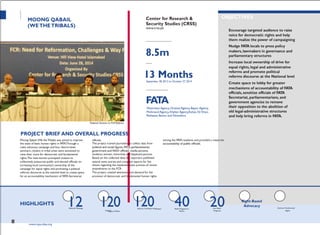PROJECTTITLE
PARTNERORGANIZATION
Editorial Meetings Reports Translated intoResearc
h-based
Radio Programs in Live Radio
MOONG QABAIL
(WETHETRIBALS)
National Seminar on FCR Reforms
PROJECT BRIEF AND OVERALL PROGRESS
Center for Research &
Security Studies (CRSS)
www.crss.pk
ALLOCATED FUNDS (IN PKR)
8.5m
DURATION
13 MonthsSeptember 28, 2013 to October 27,2014
GEOGRAPHICAL AREA
FATA
Waziristan Agency, Orakzai Agency, Bajaur Agency,
Mohmand Agency, Khyber Agency,Kohat, D.I Khan,
Peshawar, Bannu and Nowshera
OBJECTIVES
Encourage targeted audience to raise
voice for democratic rights and help
them realize the power of campaigning
Nudge FATA locals to press policy
makers, lawmakers in governance and
parliamentary structures
Increase local ownership of drive for
equal rights, legal and administrative
reforms and promote political
reforms discourse at the National level
Create space to lobby for greater
mechanisms of accountability of FATA
officials, sensitize officials of FATA
Secretariat, parliamentarians, and
government agencies to remove
their opposition to the abolition of
old legal-administrative structures
and help bring reforms in FATA.
Moong Qabail (We the Tribals) was aimed to improve
the state of basic human rights in FATA.Through a
radio advocacy campaign and four district-level
seminars, citizens in tribal areas were sensitized to
raise their voice for democratic and fundamental
rights.The intervention prompted citizens to
officials.
The project trained journalists to collect data from
students, women, minorities and displaced persons.
Based on the collected data, the reporters published
among the FATA residents and provided a means for
collectively pressurize public and elected officials on several news stories and compiled reports for live
increasing local community's ownership of the
campaign for equal rights and promoting a political
reforms discourse at the national level to create space
shows regarding the implementation process of recent
amendments to the FCR.
The project created awareness and demand for the
for an accountability mechanism of FATA Secretariat provision of democratic and fundamental human rights
HIGHLIGHTS 12 120 120Reports Pashto
40Pashto
20Programs
Right-Based
Advocacy Seminars Fundamental
Rights
88 www.cvpa-tdea.org
 