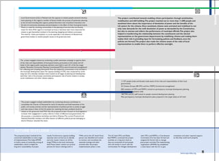 AMWA
RESEARCH / SITUATIONAL ANALYSIS
Local Governments (LGs) in Pakistan lack the capacity to initiate people-centered develop-
ment planning. In this regard, a number of factors hinder the process of systematic planning
at the LG level including elite capture, political favoritism, lack of political motivation and
the lack of community awareness and participation in the affairs of their local governments.
There is a need for involving communities in the planning of services that are directly
meant for them.With regard to municipal services, it becomes even more important for
citizens to get themselves involved in the planning, designing and delivery processes.
The need for citizen participation is crucial, especially in the absence of elected local
government bodies to resolve people's issues at the grassroots level.
ROLE OF CITIZEN GROUPS
The project engaged citizens by conducting a public awareness campaign to apprise them
of the roles and responsibilities of local governments, particularly at the taluka and UC
levels. In this regard, public awareness seminars were held in each UC of the five target
talukas. Moreover,Community Planning Committees(CPCs) were formed and strengthened
for collecting and compiling information from the respective communities to be included in
the municipal development plans.The capacity building of CPCs was conducted by comb-
ining two UCs whereby members were trained on all stages of planning and development
(and their role in the process), community participation, role of active citizens in society,
social mobilization and other related subjects.
ADVOCACY AND ENGAGEMENT
The project engaged multiple stakeholders by conducting advocacy workshops to
consolidate the Charter of Demands for early LG elections and build awareness of the
public, civil society activists and the representatives of political parties to jointly struggle
and raise voices in favor of the LG system for resolving the basic problems faced by
citizens at the grassroots level.With that, the proposed project focused on local legislators
to foster their engagement in policy reforms in favor of effective local governments. For
this purpose, a consultative workshop was held at Khairpur.The current Provincial and
National Assembly members and office bearers of different political parties belonging to
district Khairpur attended the event.
FUTURE OUTLOOK (Replicability and Sustainability)
RESULTS ACHIEVED
The project contributed towards enabling citizen participation through sensitization,
mobilization and skill building.The project reached out to more than 11,000 people and
sensitized them about the importance of devolution of power and the benefits of the
LG system for the citizens. Once sensitized, citizens were activated and mobilized to not
only raise demands for the swift devolution of power as demanded by the Constitution,
but also to oversee and reform the performance of municipal officials.The project also
helped in transforming the relationship between the constituents and the elected
representatives or the government departments by mobilizing citizens and making them
realize their role in providing input for formulating policies and feedback, once the
policies are formed.The project also made the citizens aware of the roles of local
representatives to enable them to perform effective oversight.
DELIVERABLES/OUTPUTS
11,757 people (male and female) made aware of the roles and responsibilities of their local
governments
53 Citizens Groups (48 CPCs and four MDPC) formed and strengthened
820 members of CPCs and MDPCs trained on participatory municipal development planning,
advocacy and negotiation skills
100 TMA and UC staff trained on people centered development planning
Pilot participatory municipal development plans prepared in the target taluka at UC level
The proposed project involved all the results. Furthermore, capacity building TMAs and at the UC level.A focal The UC level CPCs andTaluka with CPCs and MDPCs, a Coordination orientation and other required support
concerned stakeholders at every stage exercises were carried out to identify person was identified and trained level MDPCs continued the project Committee (CC) has been formed and so that they could work properly.
of implementation.This helps AMWA and train master trainers (in all five to monitor and coordinate the activities on a long term basis as assigned the formal role to manage
to build a sense of ownership among all targetTMAs) at the local community essential trainings and other they are comprised of local people post project activities.The implementing
stakeholders, which is helpful for level.These master trainers act as focal activities after the project
long term sustainability of project persons for future trainings, both in implementation phase is over.
who will remain in touch with the
communities. For linkages development
organization (AWMA) has established
a close liaison with the CC to give
www.cvpa-tdea.org
103
 