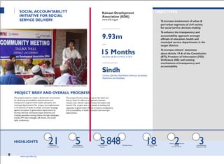 PROJECTTITLE
PARTNERORGANIZATION
Tehsil Liaison District Support Capacity Building FM Radio Promos Awareness Raising Building Capacity Building
SOCIAL ACCOUNTABILITY
INITIATIVE FOR SOCIAL
SERVICE DELIVERY
Community meeting on improvement in social service delivery
PROJECT BRIEF AND OVERALL PROGRESS
Kainaat Development
Association (KDA)
www.kda.org.pk
ALLOCATED FUNDS (IN PKR)
9.93m
DURATION
15 MonthsDecember 28, 2012 to March 15, 2014
GEOGRAPHICAL AREA
Sindh
Larkana, Qamber, Shahdadkot, Shikarpur, Jacobabad,
Kashmore, and Kandhkot
OBJECTIVES
To increase involvement of urban &
peri-urban segments of civil society
for social service decision-making
To enhance the transparency and
accountability approach amongst
officials of education, health and
municipal service departments in the
target districts
To increase citizens' awareness
about Article 19-A of the Constitution
(RTI), Freedom of Information (FOI)
Ordinance 2002 and existing
mechanisms of transparency and
accountability
The project aimed to create a democratic environment
by enhancing accountability, responsiveness and
transparency of government health, education and
municipal departments.The project was implemented
in six districts of Sindh to initiate a focused campaign
against corruption in government departments by
forming informal community based networks and
creating awareness among citizens through newspaper
articles, FM radio messages, talk shows, and round
table conferences.
The project formed citizen groups at the tehsil and
district levels for effective engagement between
citizens, their elected representatives and public duty
bearers.The project also contributed to building the
capacities of government officials to ensure transparency
and accountability in health, education and municipal
departments.
HIGHLIGHTS 21Committees Formed
5Committees Formed
5848Sessions
18Sessions
Capacity2Sessions
for Media Persons
3Sessions for CSOs
120 www.cvpa-tdea.org
 