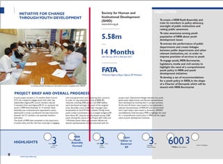 PROJECTTITLE
PARTNERORGANIZATION
Councils Youth Meetings Youth CricketRadio
Messages
INITIATIVE FOR CHANGE
THROUGHYOUTH DEVELOPMENT
A meeting onYouth Development with political parties candidates from FATA/FR
PROJECT BRIEF AND OVERALL PROGRESS
Society for Human and
Institutional Development
(SHID)
www.shid.org.pk
ALLOCATED FUNDS (IN PKR)
5.58m
DURATION
14 Months26th February 2014 to 30th April 2015
GEOGRAPHICAL AREA
FATAMohmand Agency, Bajaur Agency, FR Peshawar
OBJECTIVES
To create a FATAYouth Assembly and
train its members in policy advocacy,
oversight of public institutions and
raising public awareness
To raise awareness among youth
population of FATA about youth
development issues
To oversee the performance of public
departments and create linkages
between public departments and other
relevant institutions, etc. in order to
improve provision of services to youth
To engage youth, FATA Secretariat,
legislators, media and civil society to
highlight the need of a comprehensive
youth policy in FATA and youth
development initiatives
To develop a set of recommendations
for a youth policy in FATA,in the shape
of a Charter of Demands which will be
shared with FATA Secretariat
In each project location, a 15 memberYouth Council
(YC) was created to engage youth with other key
stakeholders.Agency/FR council members elected
5 members from each Agency/FRYC to represent the
youth in FATAYouth Assembly. A 15 memberYouth
Assembly was constituted and capacitated in policy
advocacy.As a result, a productive two way interaction
between theYC members and assembly members
look place.
The youth of FATA were sensitized on the importance
of youth policy and the role they could play in engaging
with local government and registering their concerns.
In order to raise awareness, a total of 8000 IEC
materials, including 3000 posters and 5000 leaflets,
were distributed amongst the youth of the targeted
areas. Secondly, a total of 600 radio messages were
broadcasted on local FM Radio stations.Thirdly, three
youth cricket tournaments were arranged at Agency/FR
level where IEC material was distributed among 2,500
youth. During the course of the Project, 607 males and
118 female (youth, elders, government officials and
elected representatives) directly interacted with the
project team. Operational linkages between the youth,
government departments and elected representatives
were developed by involving them in project activities.
To this end, 30 letters were issued to key stakeholders
(elected representatives of FATA,KP and national level)
and 2 open letters were issued to Governor KP/FATA
and Additional Chief Secretary FATA to highlight the need
for a comprehensive youth policy in FATA and the urgent
need of youth development initiatives.
HIGHLIGHTS Youth3Formed
FATA
Youth
Assembly
Formed
FATA3Policy
Seminars
Open
Letter to
Governor
KP
3with
Political Parties
6003Broadcast Tournaments
150 www.cvpa-tdea.org
 