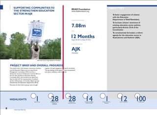 PROJECTTITLE
PARTNERORGANIZATION
Baseline Study Meetings with School Meetings with Meetings with Teachers
1 School Competitions FM Radio Spots
SUPPORTING COMMUNITIESTO
THE STRENGTHEN EDUCATION
SECTOR IN AJK
READ Foundation
www.readfoundation.org
ALLOCATED FUNDS (IN PKR)
7.08m
DURATION
12 MonthsAugust 06, 2012 to August 05, 2013
GEOGRAPHICAL AREA
AJK
Rawalakot
OBJECTIVES
To foster engagement of citizens
with the Education
Department inTehsil Rawalakot;
To increase citizens' awareness of
existing education sector policies,
particularly Article 25-A of the
Constitution
To consultatively formulate a reform
agenda for the education sector in
Azad Jammu and Kashmir (AJK).
Information poster being displayed at Rawalakot
PROJECT BRIEF AND OVERALL PROGRESS
The project built a link between community members together through engagement in several workshops.
and the Education Department by using School
Management Committees (SMCs) to form a and used to develop a reform agenda.
democratic structure of Education Councils (ECs) at
the UC level. Similarly, an Education Steering
Committee (ESC) was formed at the tehsil (sub-
district) level with the representation of political
parties, media groups, civil society, religious groups,
Moreover, all these diverse groups were brought
HIGHLIGHTS 1 28 28 14 Strategy Formulation
12 100Management Community Groups and School Heads Workshop
Committees
68 www.cvpa-tdea.org
 
