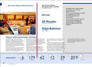 PROJECTTITLE
PARTNERORGANIZATION
A total of six citizens' networks were formed at the
constituency level comprising 179 individuals from
public participation for improved governance, has also newly established Gilgit-Baltistan Council and
been successful in transforming relationships between Legislative Assembly.
AGHE conducted an analysis to investigate the community).As many as 62 members of the networks
Based on the findings of the analysis, the project
Support Members Enrolled Members Trained
Policy Dialogues GBLA Members Awareness Sessions Advocacy Seminars
Governance Support Networks Project Association of Global
Humanists & Ethics (AGHE)
www.aghepakistan.org
ALLOCATED FUNDS (IN PKR)
14.1m
DURATION
20 MonthsSeptember 10, 2012 to April 8, 2014
GEOGRAPHICAL AREA
Gilgit-Baltistan
Gilgit and Skardu
OBJECTIVES
To establish vibrant citizens' groups
and networks to monitor the
legislative process
To advocate for participation of citizens
in the legislation process for
improved transparency and
accountability
To build capacity of citizens' networks
to improve their knowledge and
understanding on the legislative
process through interaction with
legislators
Senator Mushahid Hussain at capacity building workshop for GBLA members
PROJECT BRIEF AND OVERALL PROGRESS
The Governance Support Networks Project was representatives of vulnerable groups, including women. team further designed and customized an advocacy for improved governance. Members were given an
implemented in Gilgit and Skardu, where citizens‘ The project activities enabled constituents and citizen plan for citizens' participation in the legislative opportunity to engage with legislators in an informed
participation in the legislative/policymaking process has groups to constructively engage in the legislation/ process. manner, while citizens were involved through mass
remained minimal despite recent administrative decision-making process, which will ultimately translate awareness campaigns.
reforms in the region.The project, besides enabling into an overall improvement in the performance of the
various segments of the society (politicians, academia,
media, women, human rights activists and business
citizens and policy makers.
The project conducted a situational analysis and public situation of citizens' oversight of legislation using were trained on advocacy, community mobilization,
awareness campaigns, established citizen networks different research tools, such as surveys, FGDs, social accountability and oversight techniques, which
and conducted capacity building of stakeholders with consultative meetings and in-depth interviews (IDIs). not only empowered the individuals but also
particular focus on media personnel and provided an environment to institutionalize reforms
HIGHLIGHTS Citizens'6Networks
179in Networks
62 12 29Engaged
20 9
76 www.cvpa-tdea.org
 